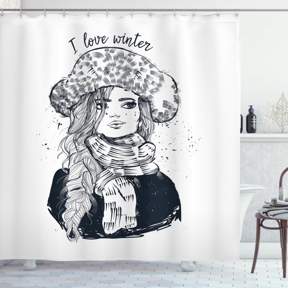 I Love Winter Shower Curtain, Sketchy Design of a Woman Portrait in Winter Clothes and Long Hair, Fabric Bathroom Set with Hooks, 69W X 70L Inches, Dark Night Blue White, by Ambesonne