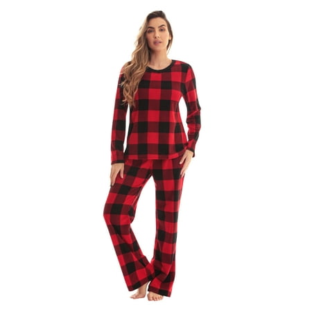 Just Love Thermal Fleece Pajamas for Women (Red Black Buffalo Plaid, Small)
