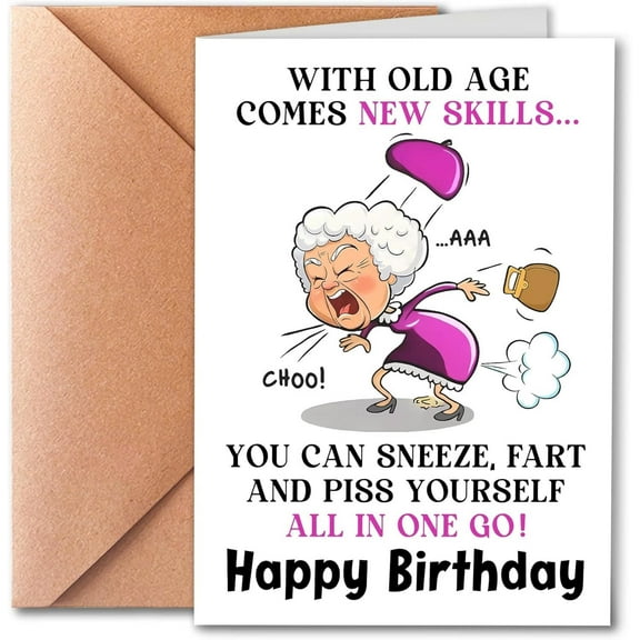 Funny Birthday Card for Grandma – "With Old Age Comes New Skills" – Humorous Old Lady Design – Envelope Included, Blank Inside – Perfect Gift for Grandmother's Birthday