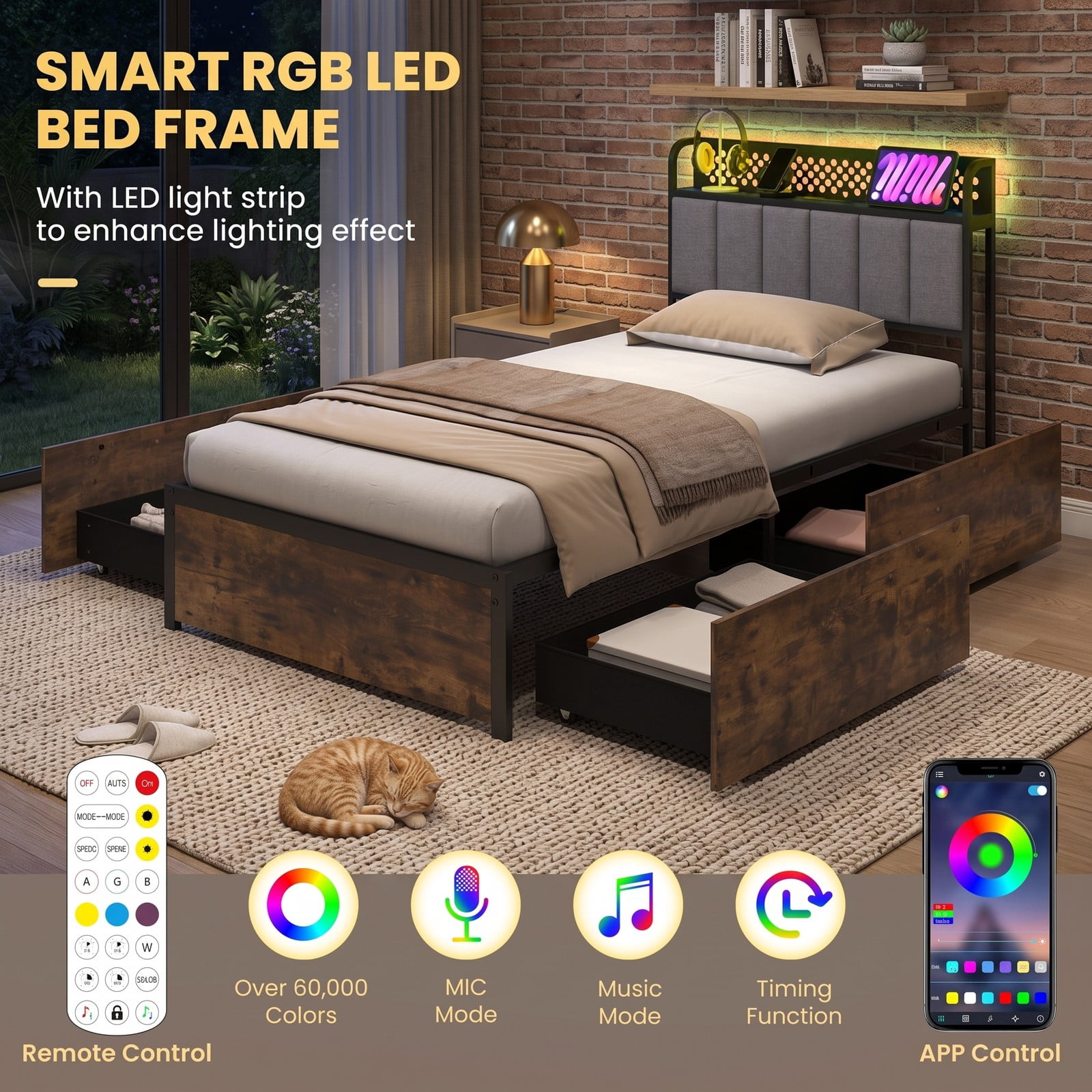Furnibear Twin Bed Frame with Storage and LED Lights, Upholstered Platform Bed Frame with Headboard and 4 Drawers, Rustic Brown
