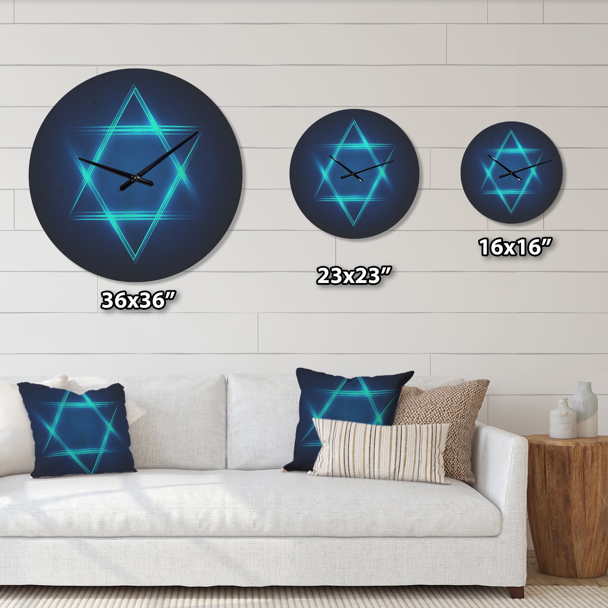 Designart 'Blue Neon Star of David' Modern Wood Wall Clock