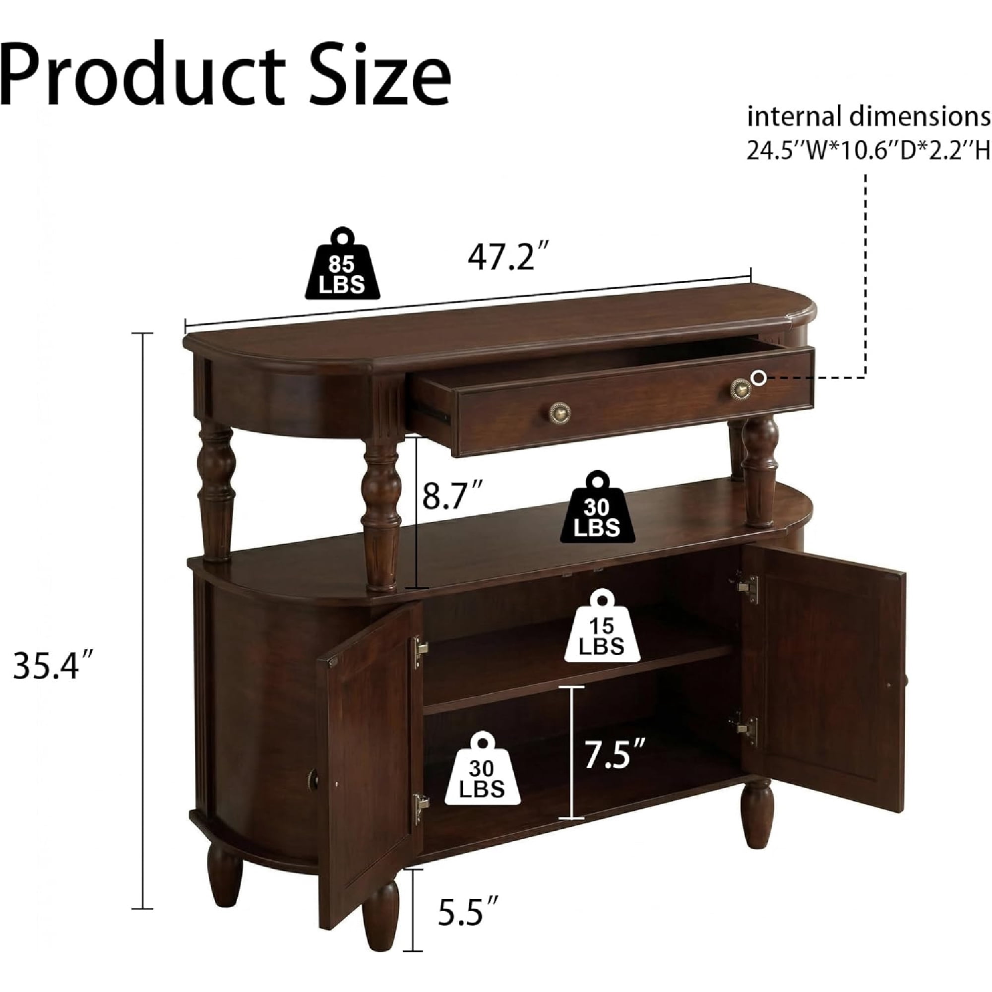 LKTART Reston Curved Console Table with 2-Door Cabinet and Drawer, Solid Wood Legs Half Moon Entryway Table with Adjustable Shelf, Walnut