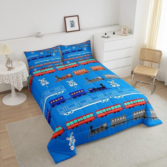 Cartoon Car Comforter Set Vintage Car Comforter Train Bedding Set Bedroom Decor Retro Steam Train Blue Light Sign Duvet Set Quilt