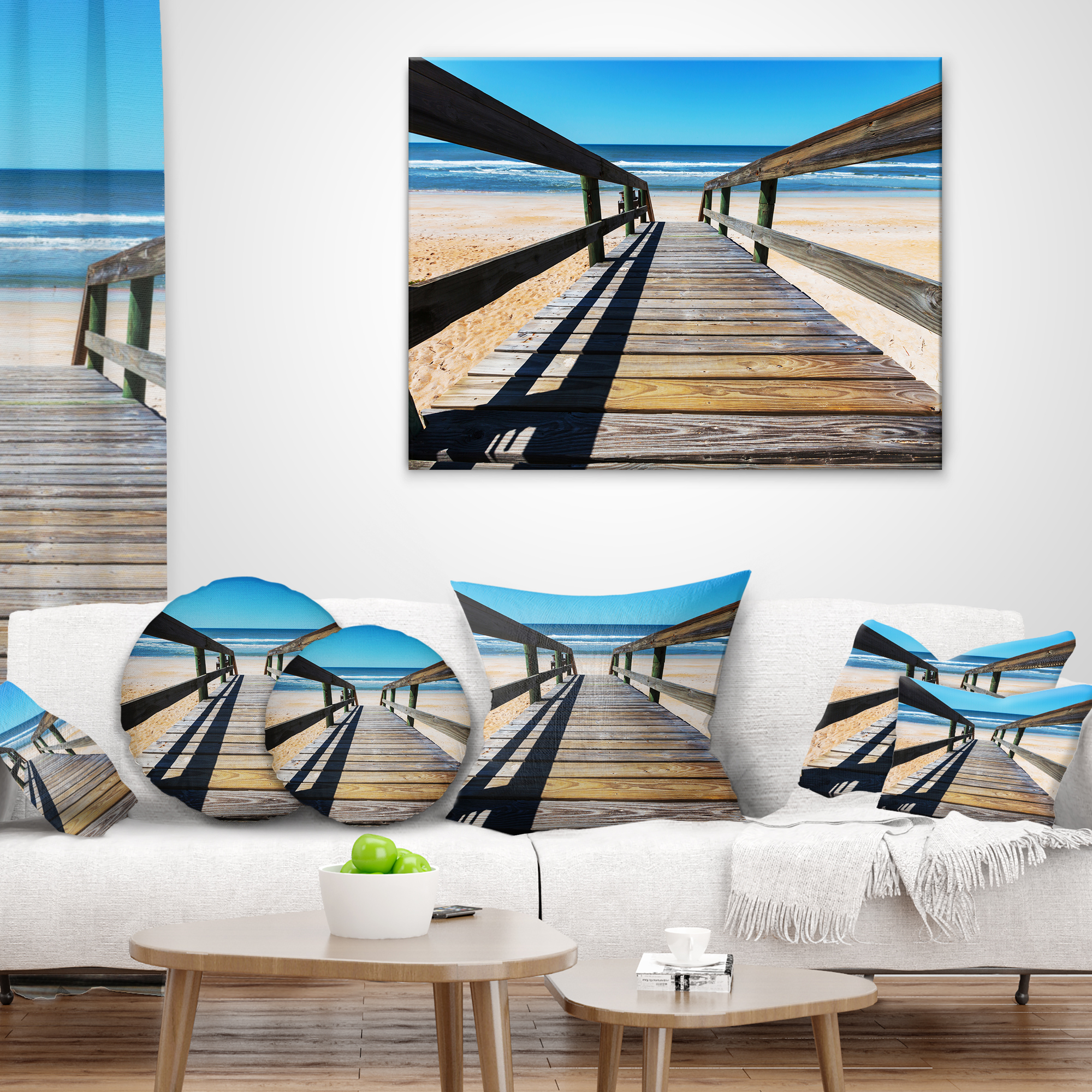 Designart Long Boardwalk into Blue Seashore - Seashore Throw Pillow - 12x20