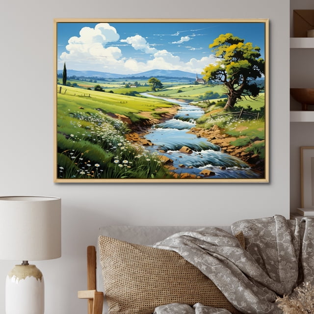 Designart Countryside Oversized framed wall art decor, Countryside framed wall Art, Reflective River in the Countryside I , Green Country Natural framed wall art, Natural brown color Frame