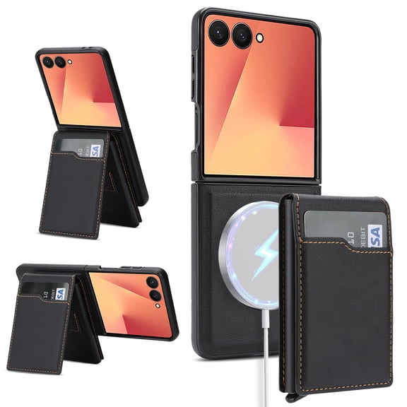 Luxury PU Leather Magnetic Kickstand Case for Samsung Galaxy Z Flip 8, Detachable Card Slots Phone Cover with SIM Tray and Foldable Stand, Ultra Slim 360° Shockproof Drop Protective, Black