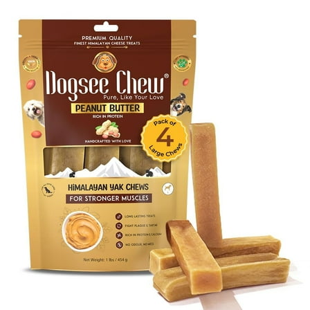 Dogsee Himalayan Yak Cheese Chews with Peanut Butter 1lb (Large - 4 Chews) | Support Muscle Growth in Dogs | Fight Plaque & Tartar | Long Lasting Dental Dog Chews
