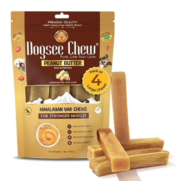 Dogsee Himalayan Yak Cheese Chews with Peanut Butter 1lb (Large - 4 Chews) | Support Muscle Growth in Dogs | Fight Plaque & Tartar | Long Lasting Dental Dog Chews