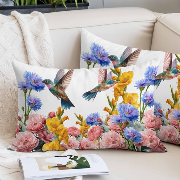 Hummingbirds Pillow Covers 24"x36", Spring Summer Watercolor Flowers Plant Soft Brushed Microfiber Breathable Throw Pillow Covers, Pillowcase with Zipper for Couch Sofa Bedroom Living Room