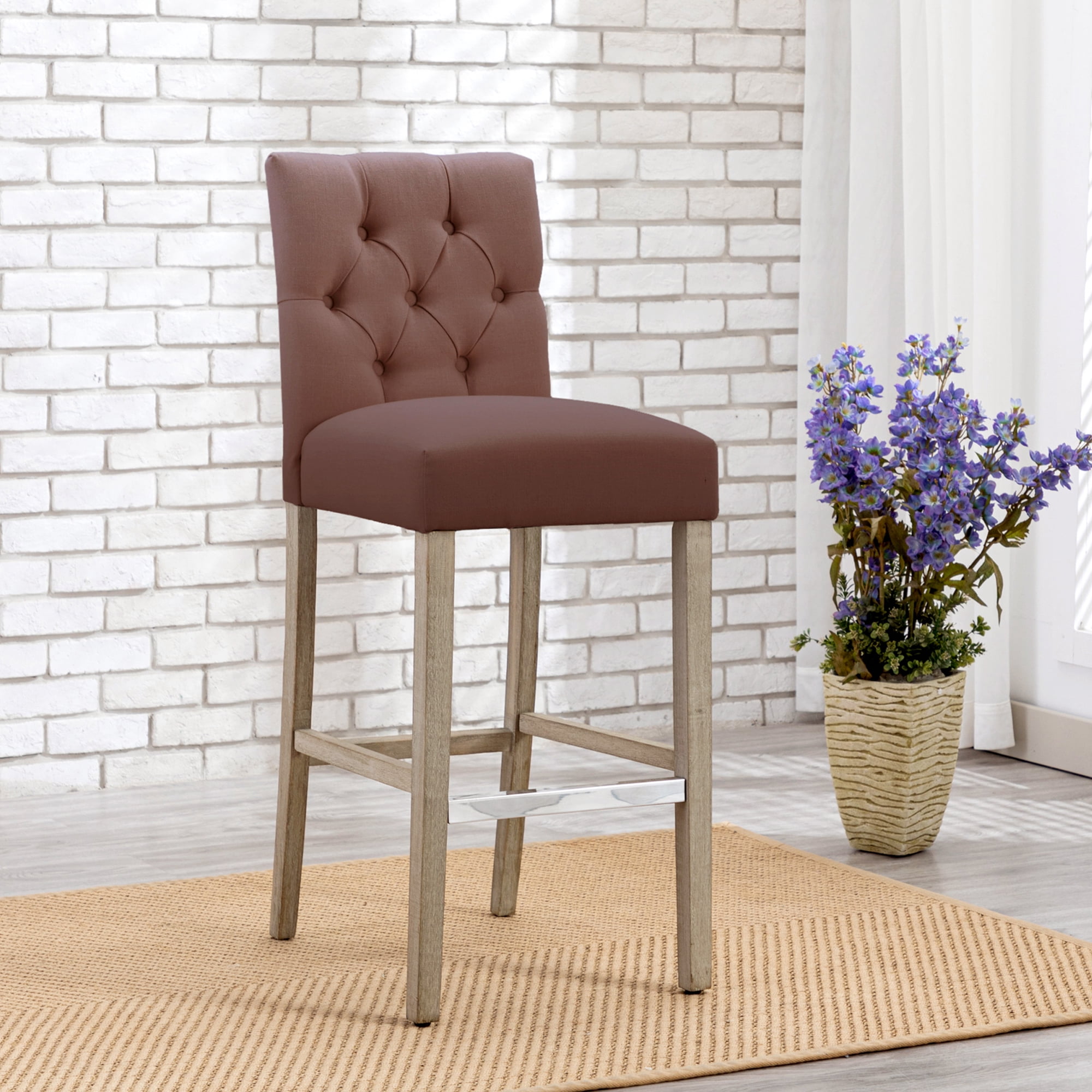 WestinTrends Hayes Bar Chairs, Linen Upholstered Button Tufted Kitchen Island Chairs Bar Height Stools Solid Wood Legs, Brown