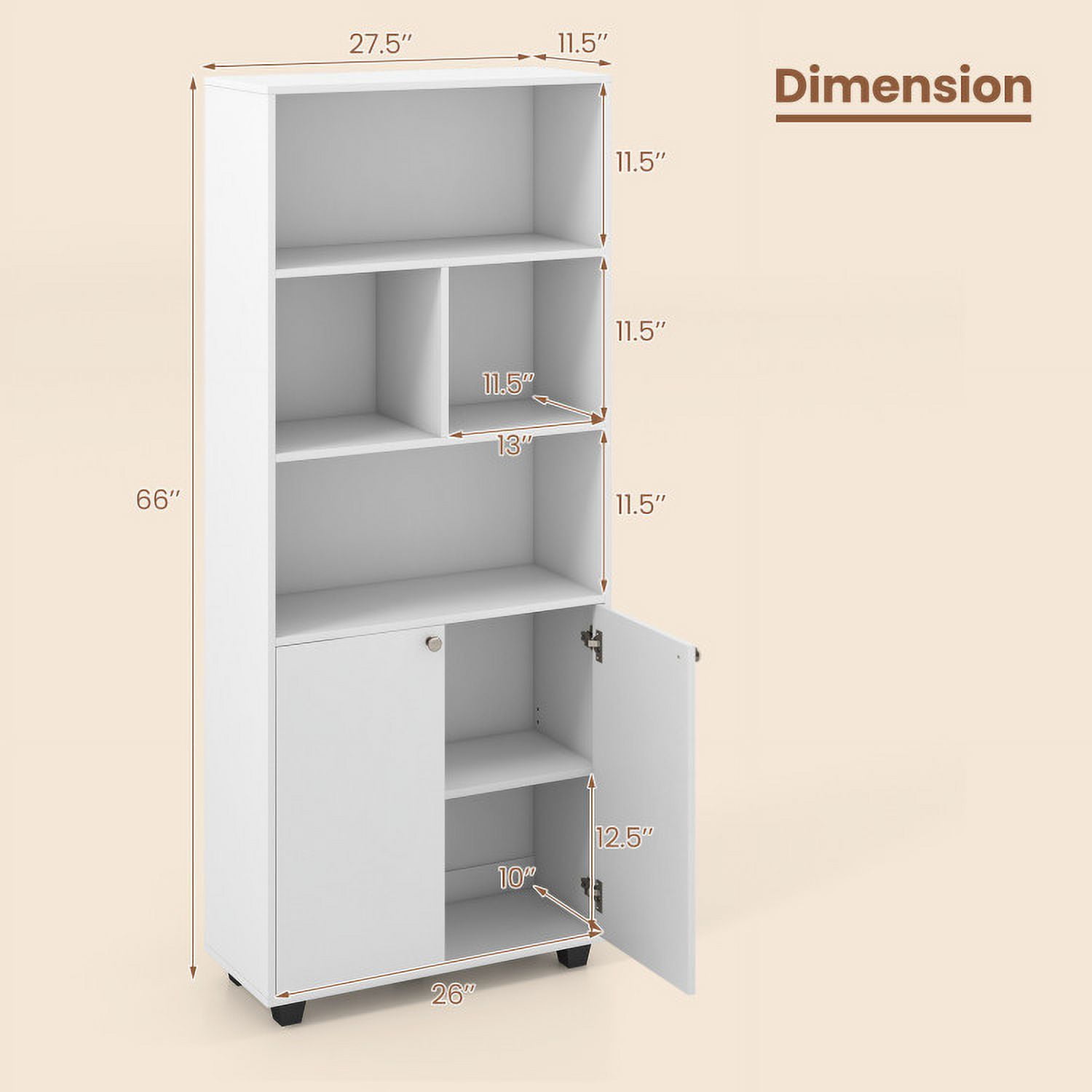 Demi Bonn 66" Tall Double-Door Bookcase with Adjustable Shelf and Storage Cubes, White