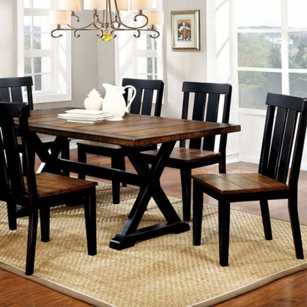 Alana Transitional Plank Style Dining Table, Antiqued Oak & Black Finish
