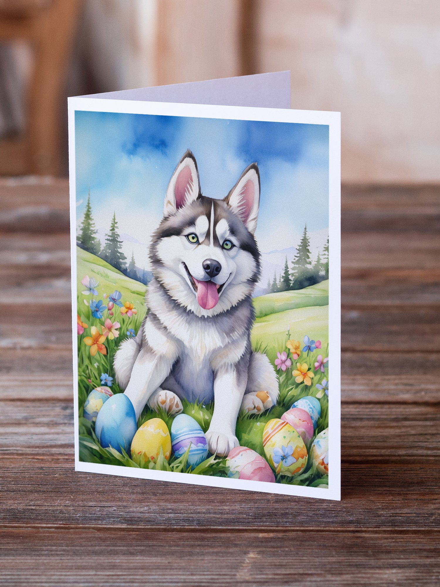 Siberian Husky Easter Egg Hunt Greeting Cards Pack of 8 7 in x 5 in