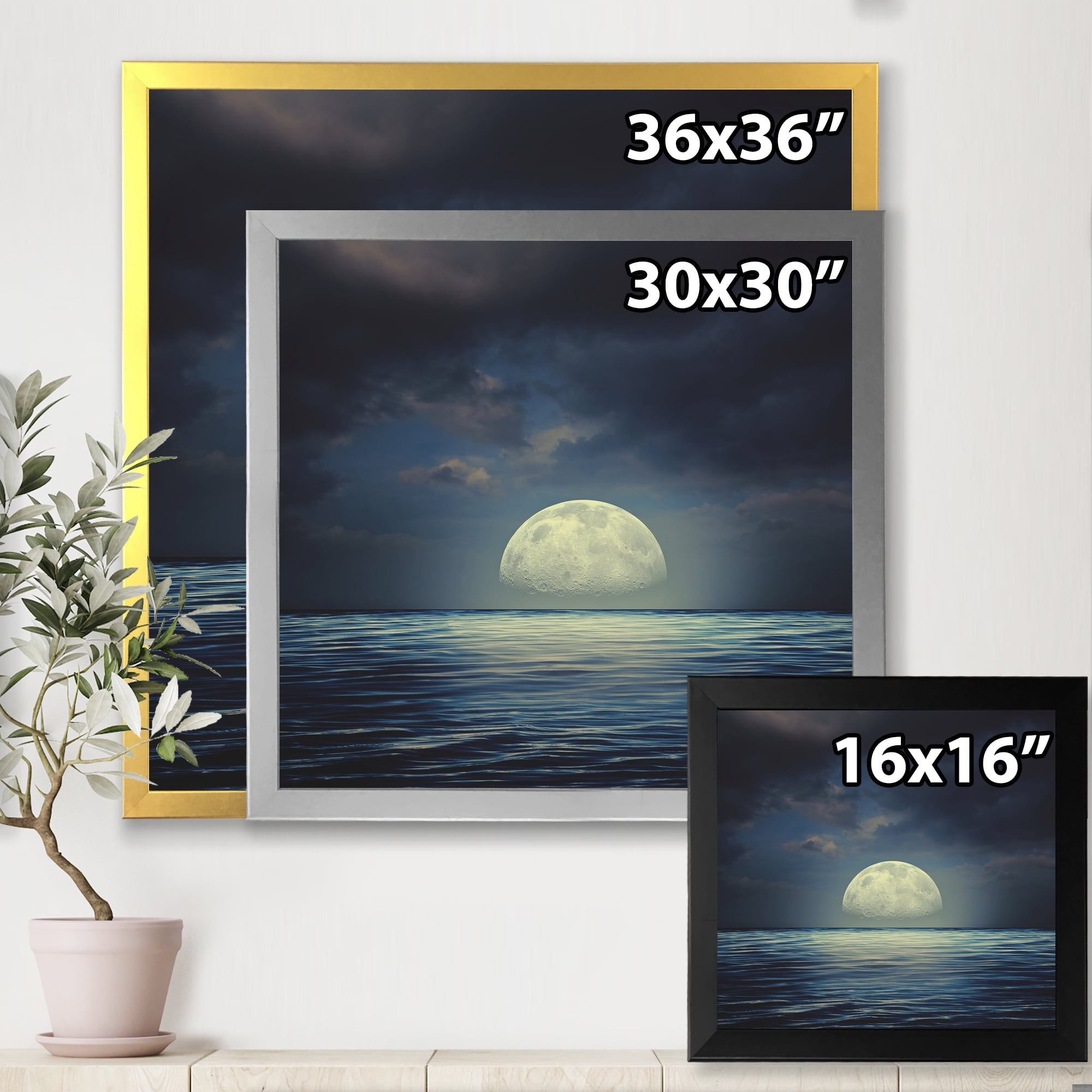 Designart 'Super Moon Over The Blue Sea' Nautical & Coastal Framed Art Print