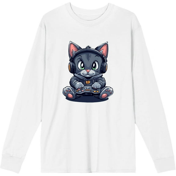 Focused Gamer Cat Adult White Crew Neck Long Sleeve Tee-Medium