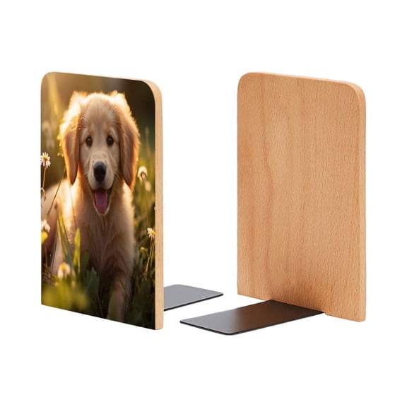 Bookends 1 Pair Non-Skid Bookend Wood Bookends for Shelves Book Stand for CDs - Cute Golden Retriever Puppy Sitting in The Grass With Daisies