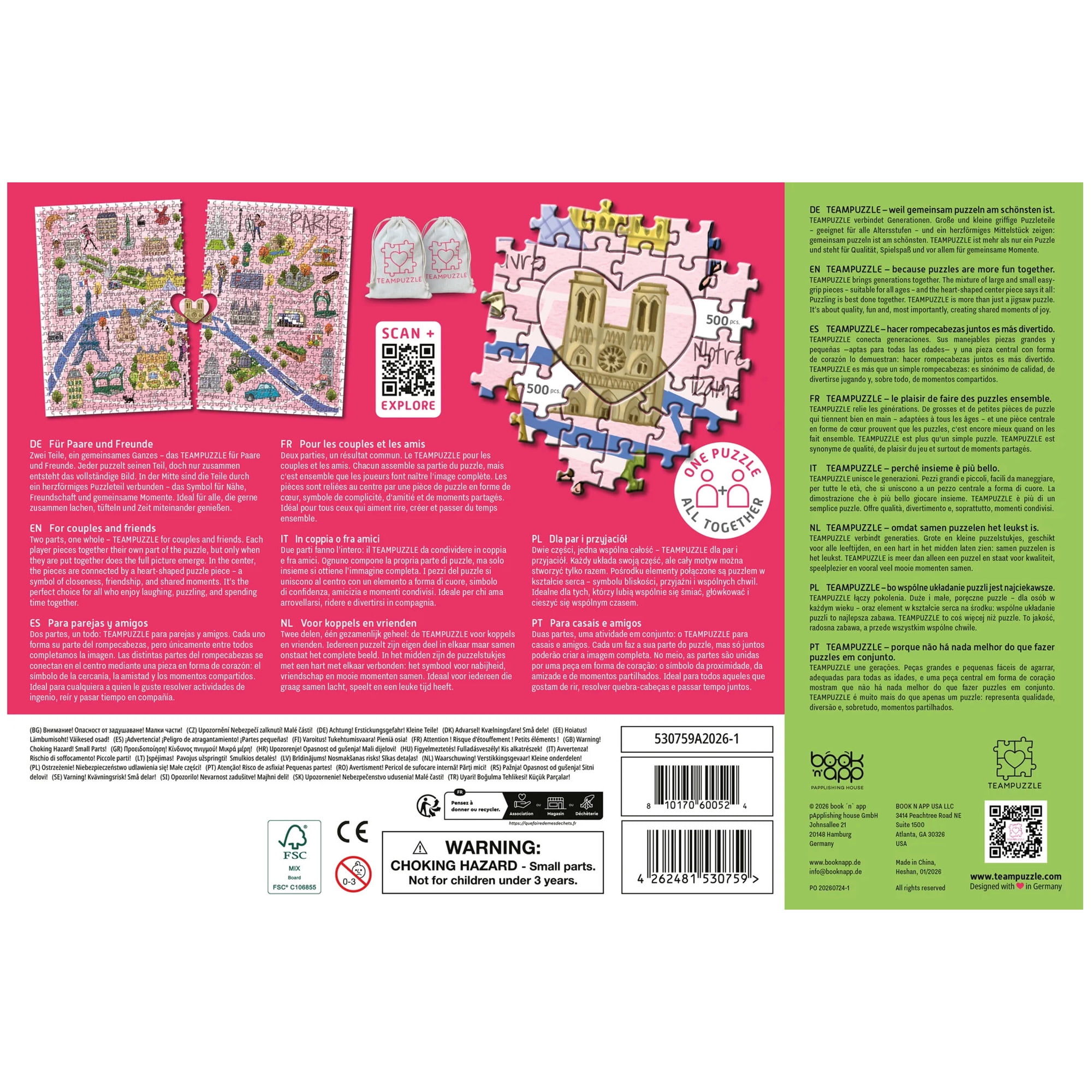 TEAMPUZZLE: Paris - 1,000pc Puzzle, 2 Jigsaw Sections, Illustrated City Destinations Map, 27 x 19", Includes Code Extras, Family & Friends 12+