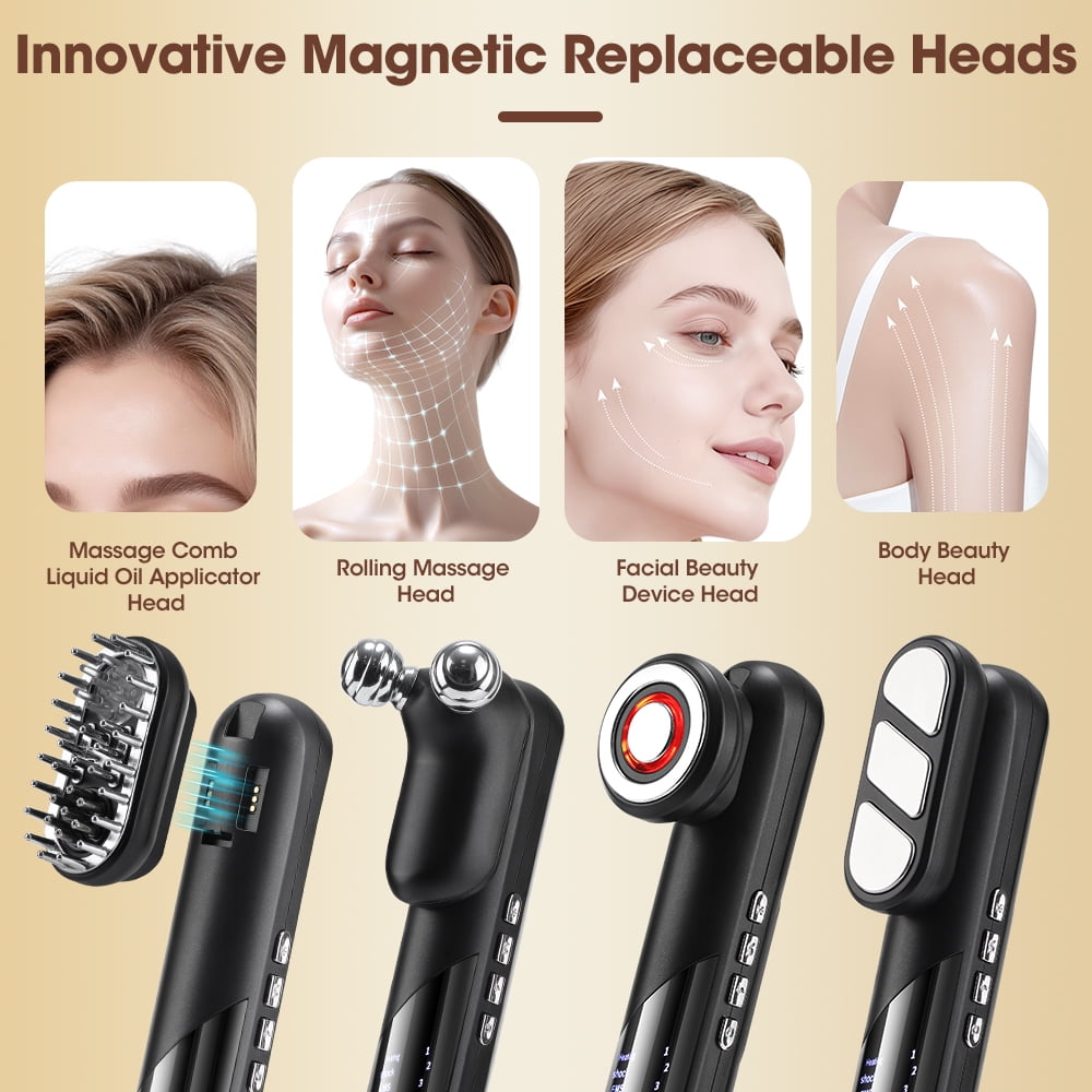 4-in-1 Multifunctional EMS Microcurrent Face & Body Massager - Magnetic Heads with Heating, Red Light, Vibration, & Oil Infusion for Skin Tightening & Scalp Care