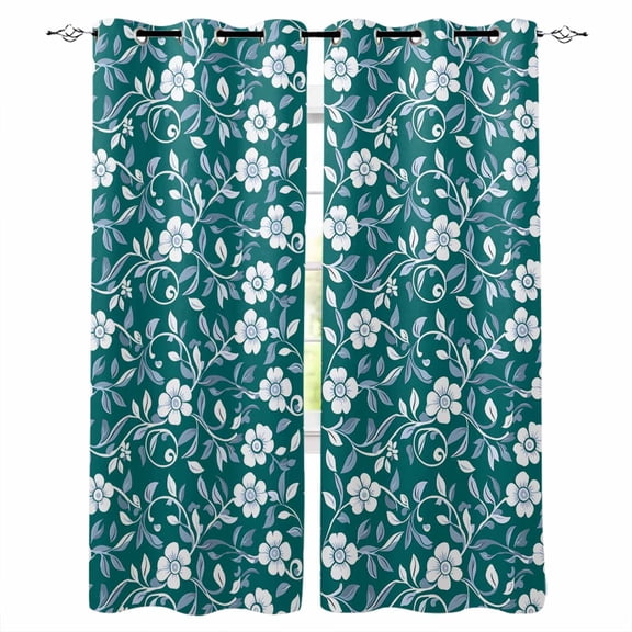 Fsddascl Green White Floral Blackout Curtains for Bedroom/Living Room, Thermal Insulated Kitchen Curtains, Farmhouse Retro Botanical Leaves Grommet Darkening Window Treatment Drapes 42"x54"x2