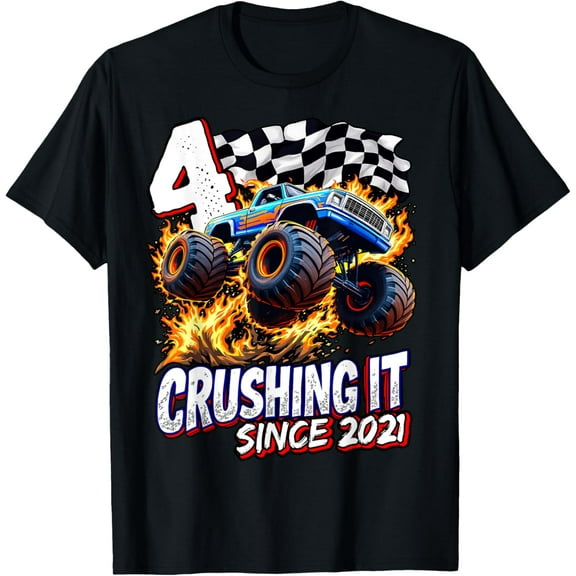 Birthday Monster Truck 4 Year Old Boys 4Th Party Born 2021 T-Shirt Unisex S-5XL Hot Trending Shirt, Vintage Birthday Gift