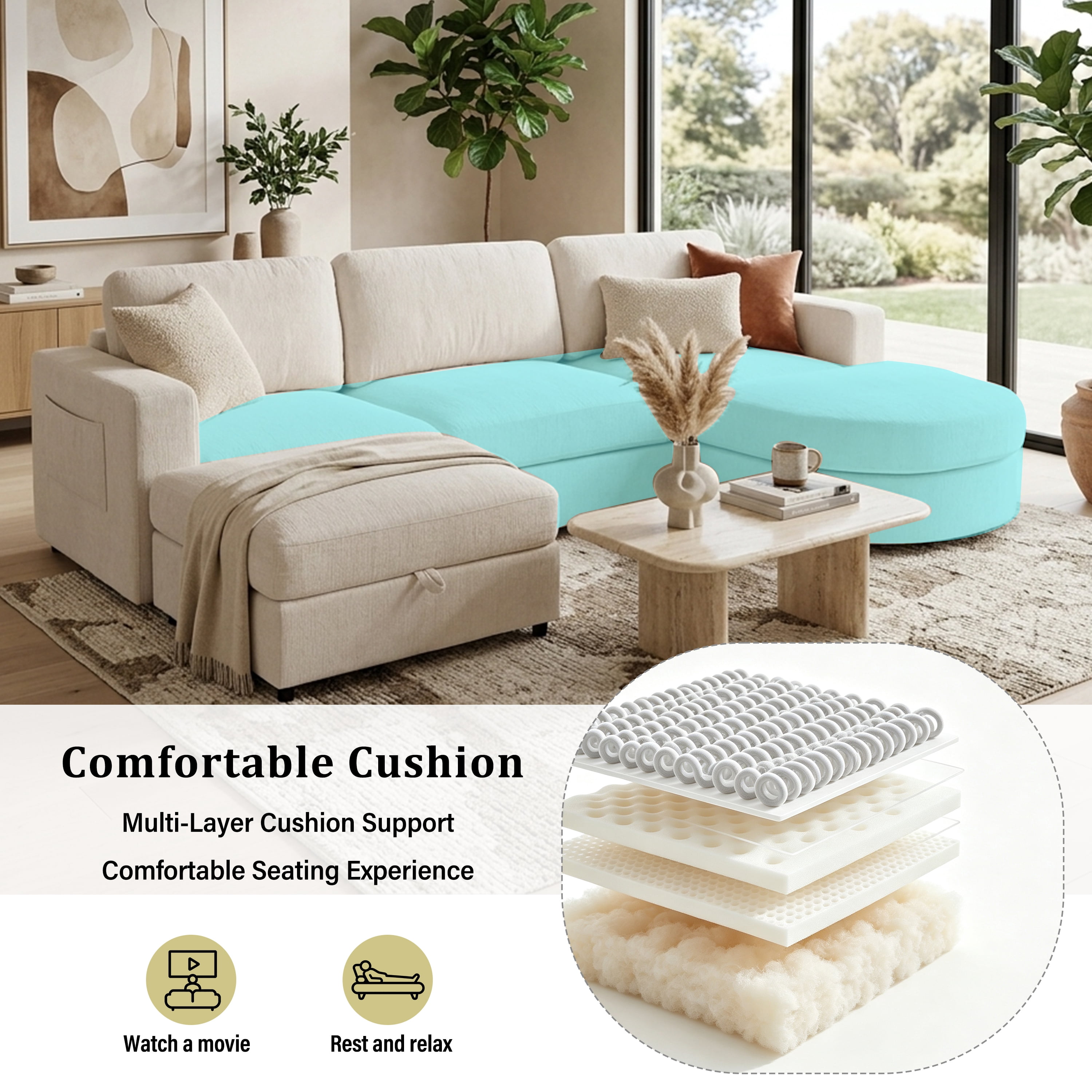 Wakefit 102.4" U-Shaped Sectional Sofa with Storage Ottoman & Curved Chaise,Modern Chenille Modular Couch with Drop-Down Console,Built-in Cup Holders & Side Pockets for Living Room,Beige
