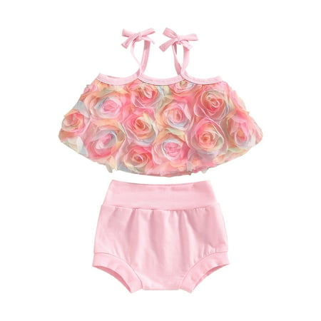 

Baby Girls Summer Outfit Clothes Sets Sleeveless 3D Floral Sling Vest Cami Tops+Solid Color Shorts 2PCS Suit