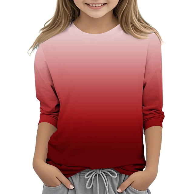 WRKEKC Chandails à Manches Longues pour Filles, T-Shirts à Manches Longues pour Filles, Hauts/chemise à Col Rond à Manches 3/4 Unis Tendance pour Enfants