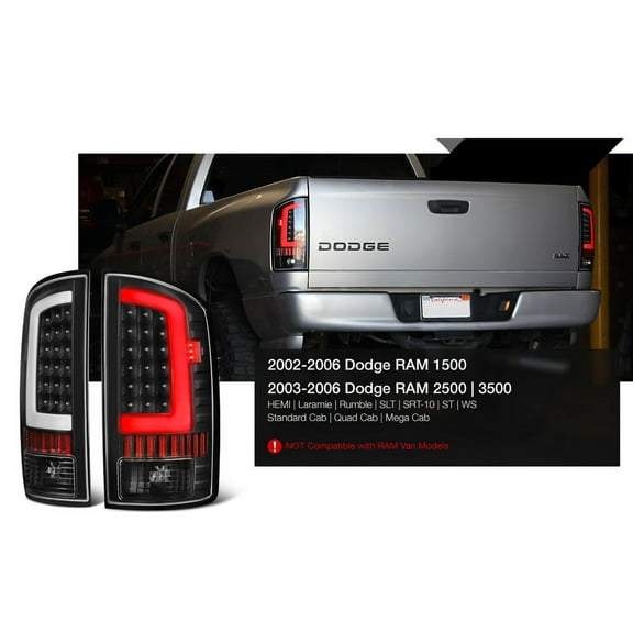 Kojem Neon Tube Tail Light Lamp For 2002-2006 Dodge RAM 1500 2500 3500 - Matte Black Housing, Driver & Passenger Side