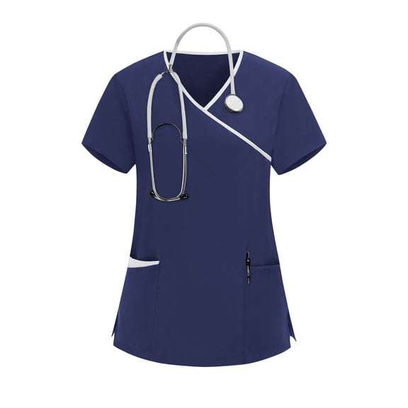 Yotami V-Neck Scrub Tops for Women Short Sleeve Fashion Plus Size Tops with Pocket Solid Color Clothes for Daily, Dark Blue, M