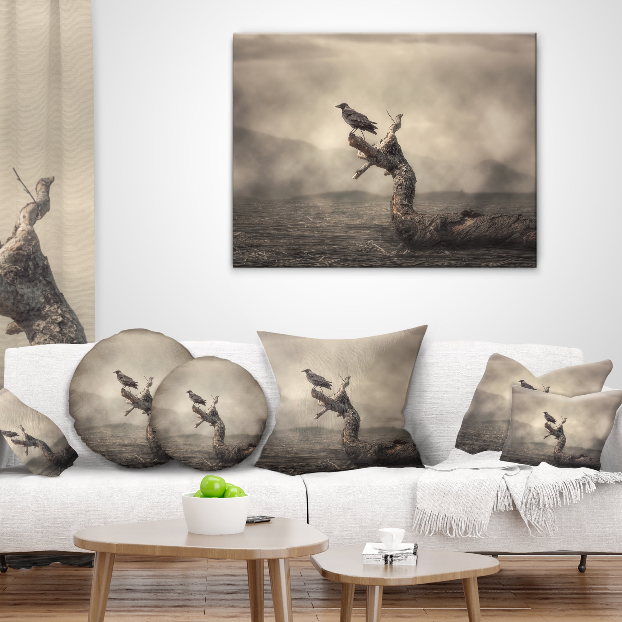 Designart Crow Perching on Tree - Animal Throw Pillow - 16x16