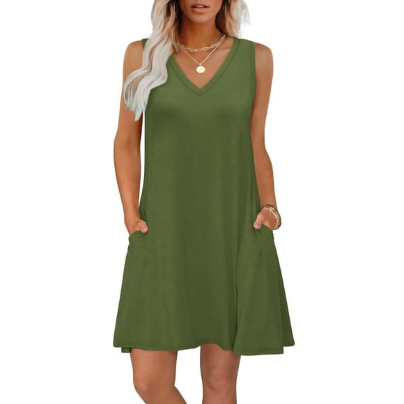Vestido WIHOLL de verano holgado con cuello en V sin mangas y bolsillos, verde