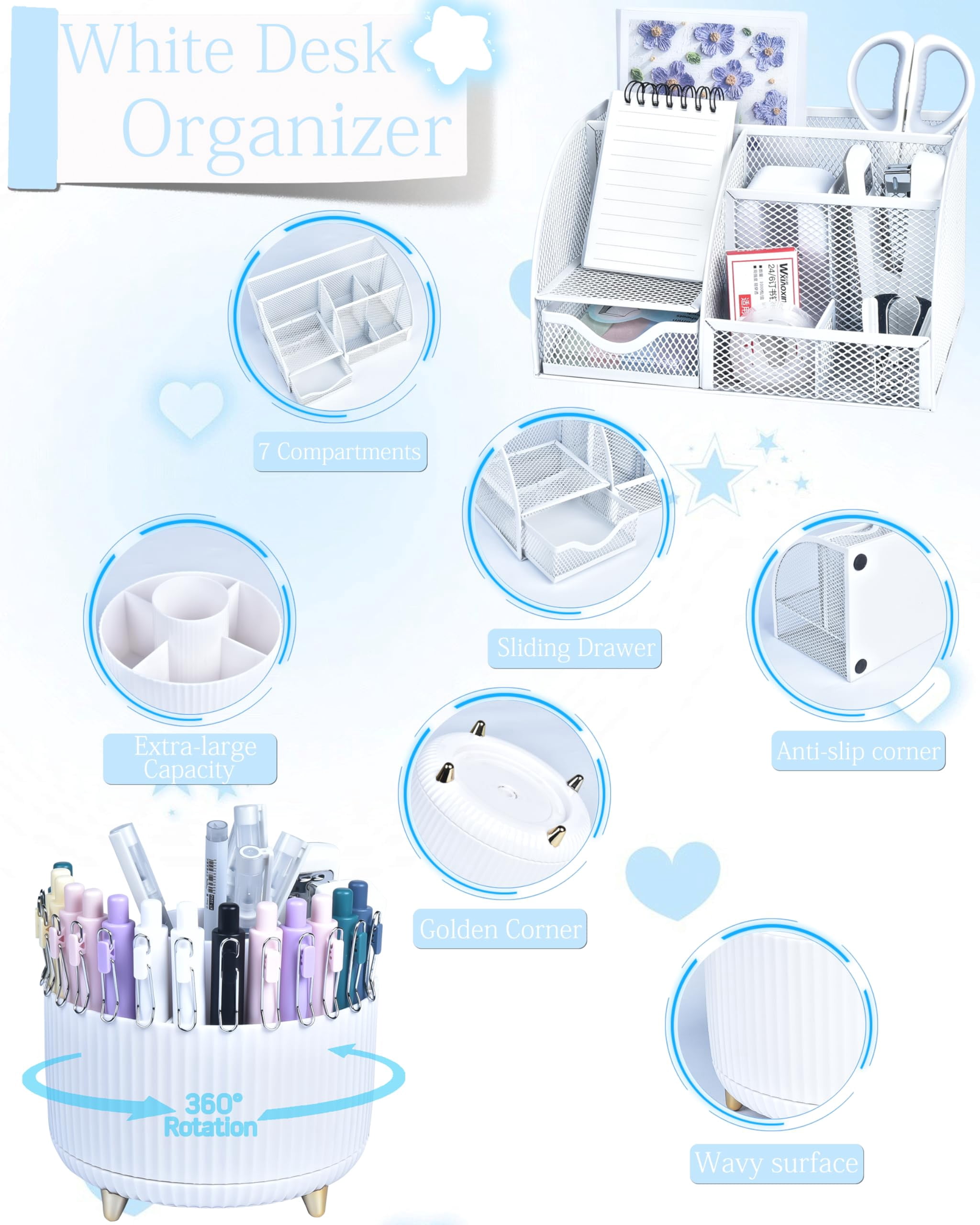 White Desk Accessories And Organizers With Organizer 360°rotating Pen Holder Stapler A Lot Of Office Supplies Beautifully Presented In Gift Box
