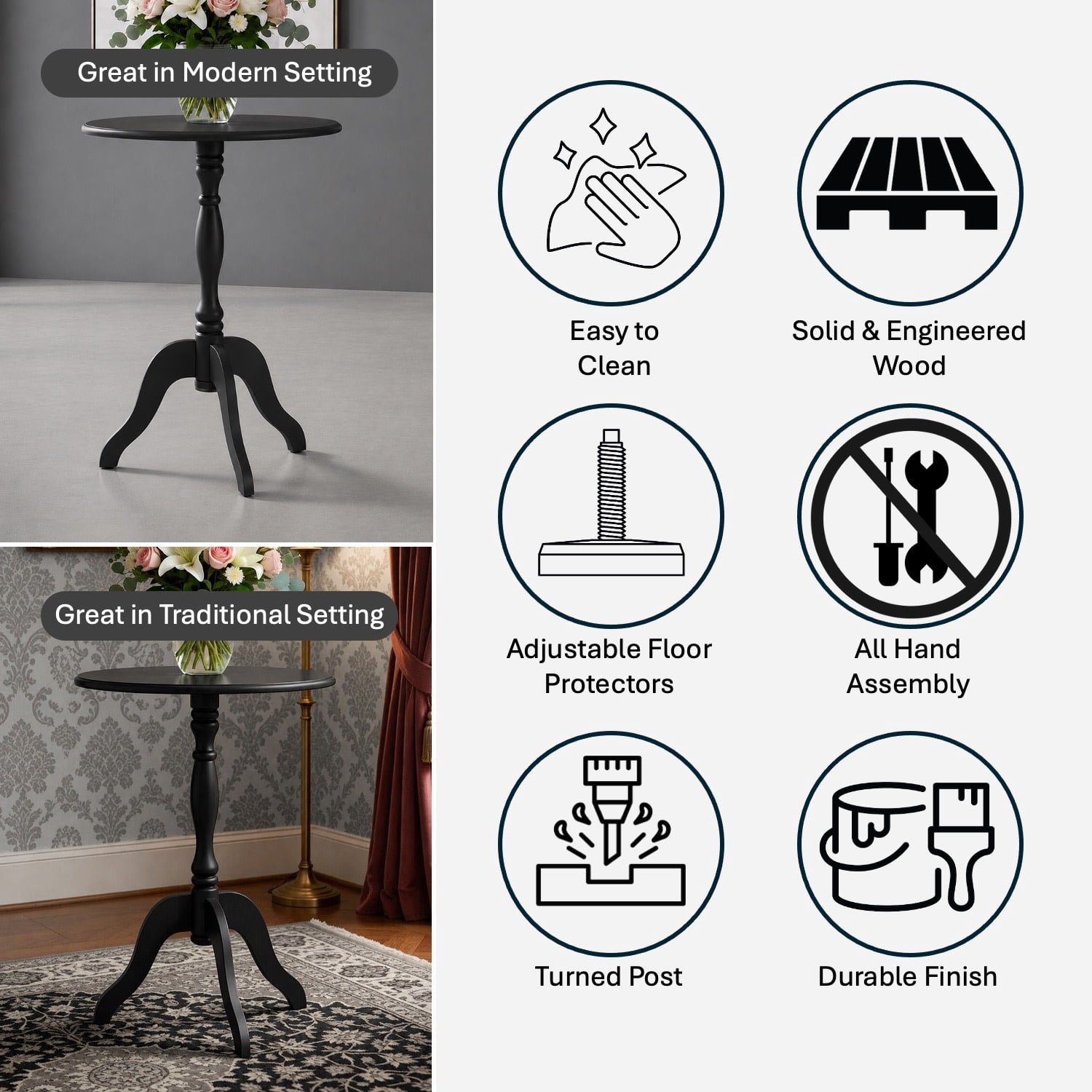 Decor Therapy Warwick Round Accent Table - 3 Leg Pedestal Side Table for Living Room, Bedroom, Entryway - Traditional Bistro Drink Table, Black