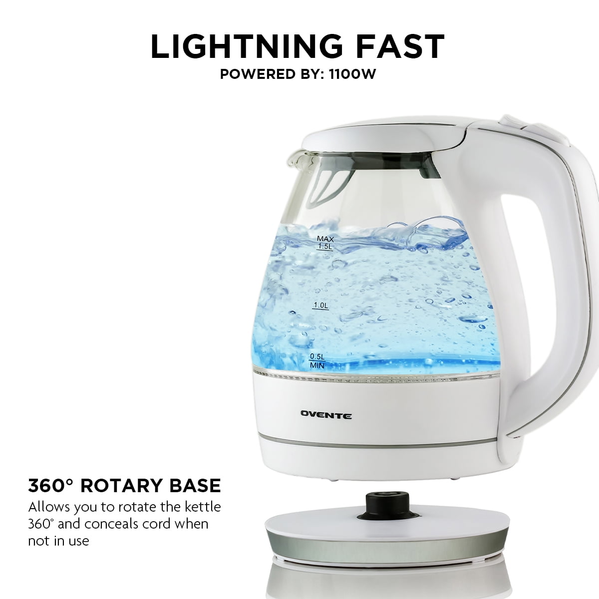 Ovente Electric Hot Water Portable Glass Kettle with Filter 1.5 Liter Stainless Steel Base Countertop Teapot & Auto Shutoff BPA-Free Fast Heating, Boil Dry Protection, Brew Coffee & Tea, White KG83W