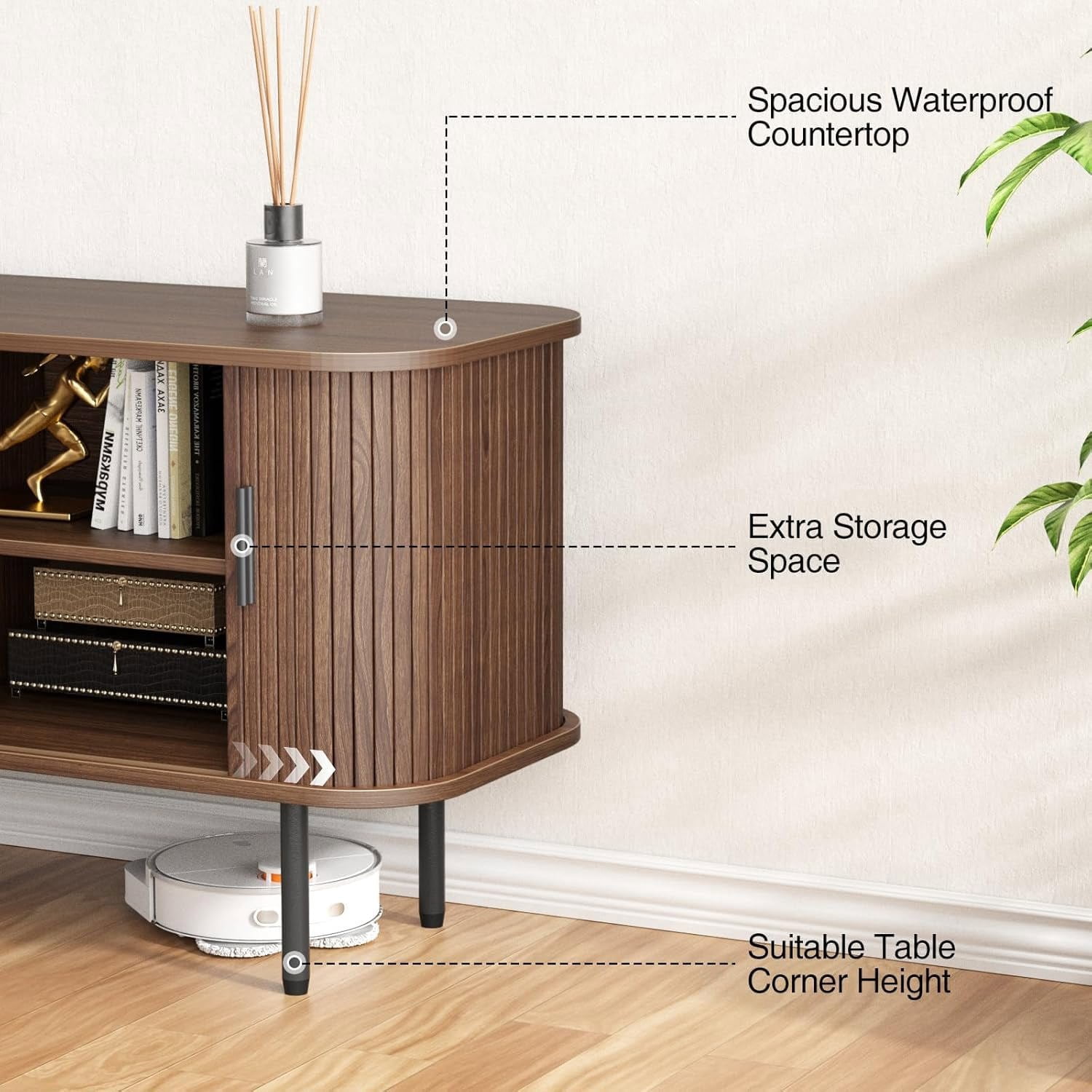 VEANERWOOD Fluted 55" TV Stand for TVs Up To 65", Console Table Credenza with Tambour Slatted Sliding Doors and Storage Shelves, Wood Entertainment Cente