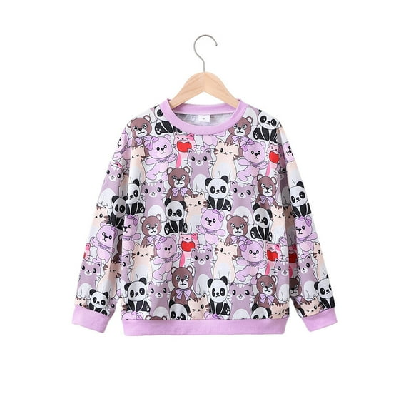 Little Girls Clothes Cartoon Animals Pattern Printed Round Neck Long Sleeved Pullover Sweater Fall Winter Big Kids Clothes