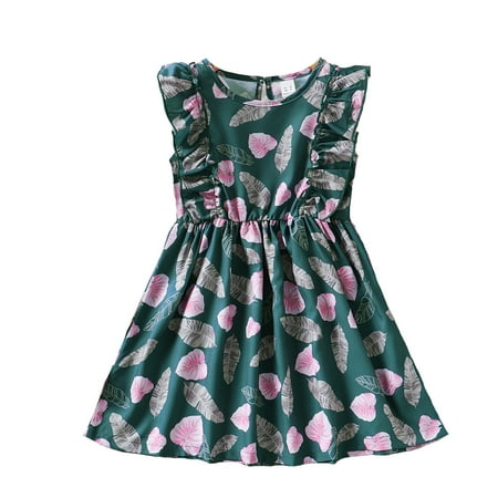

Kucnuzki Toddler Baby Girl Clothes 7T Summer Dress 8T Fly Ruffled Sleeve Leaf Prints Overall Sleeveless Dress Green