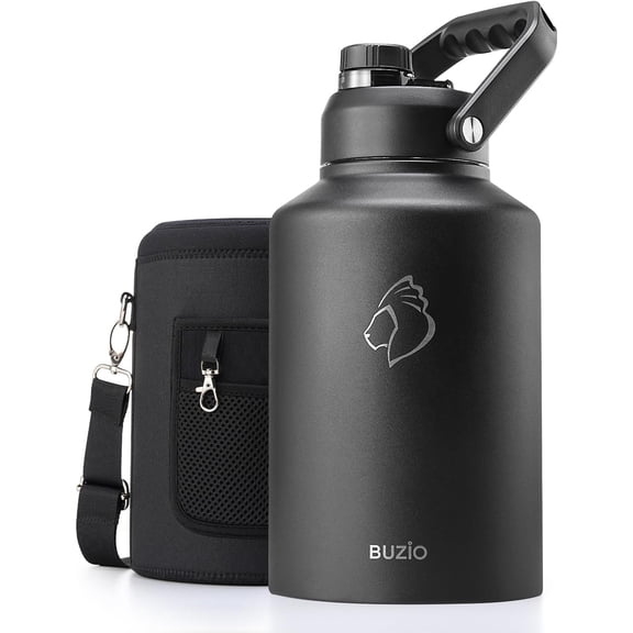 BUZIO 128oz One Gallon Insulated Large Stainless Steel Big Wide Mouth Water Jug Flask Water Bottle with Carrying Sleeve,Magic Black