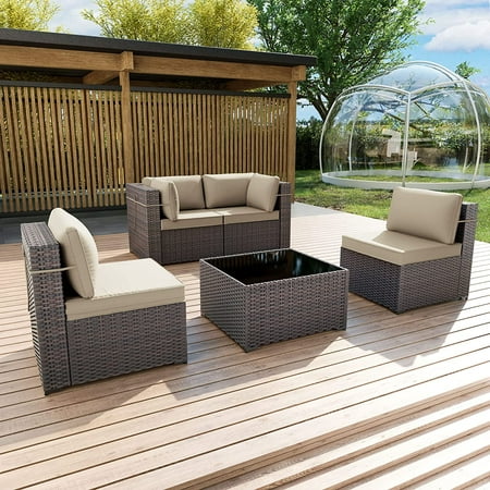 Gotland Outdoor Patio Furniture Set 5 Pieces Sectional Rattan Sofa Set PE Rattan Wicker Patio Conversation Set with Seat Cushions and Tempered Glass Table Sand