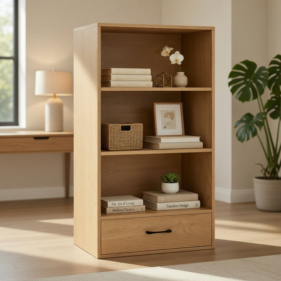 Spaco 4-Tier Storage Bookcase with Open Shelves Drawer and Anti-toppling Device-Natural, Tall Bookshelf, Shelves for Living Room, Home Office, Bedroom, Balcony