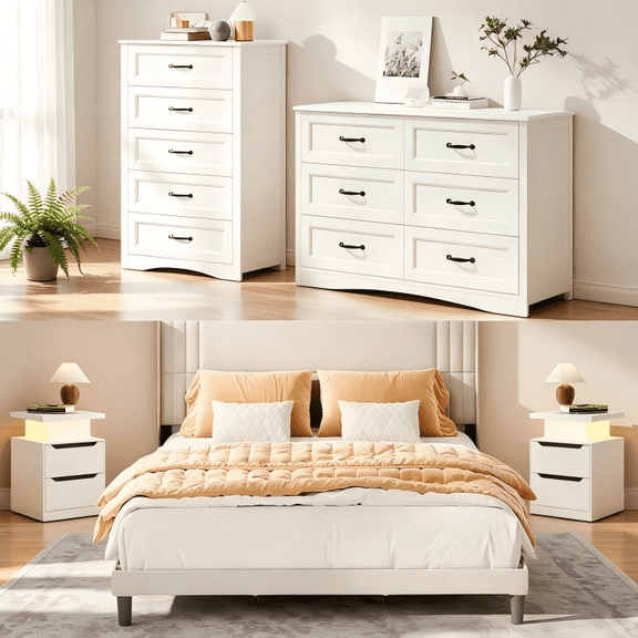 Lofka Bedroom Furniture Set – Queen Bed Frame, 2 Nightstands with Charging & RGB Lights, 5-Drawer Dresser & 6-Drawer Dresser for Large Bedrooms