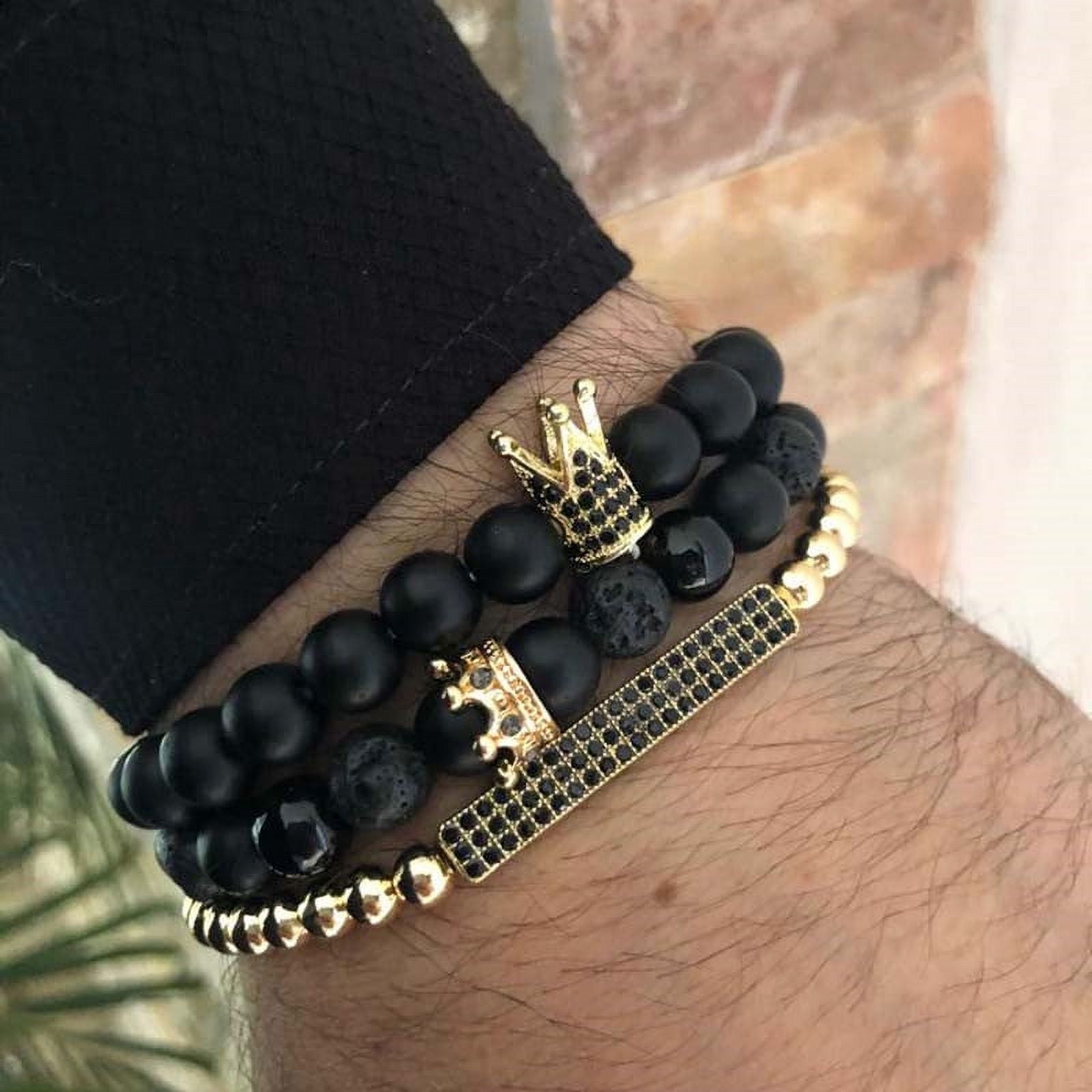 Elegant Black Matte Braided Bracelet Set for Men with Copper Zircon Embellishments