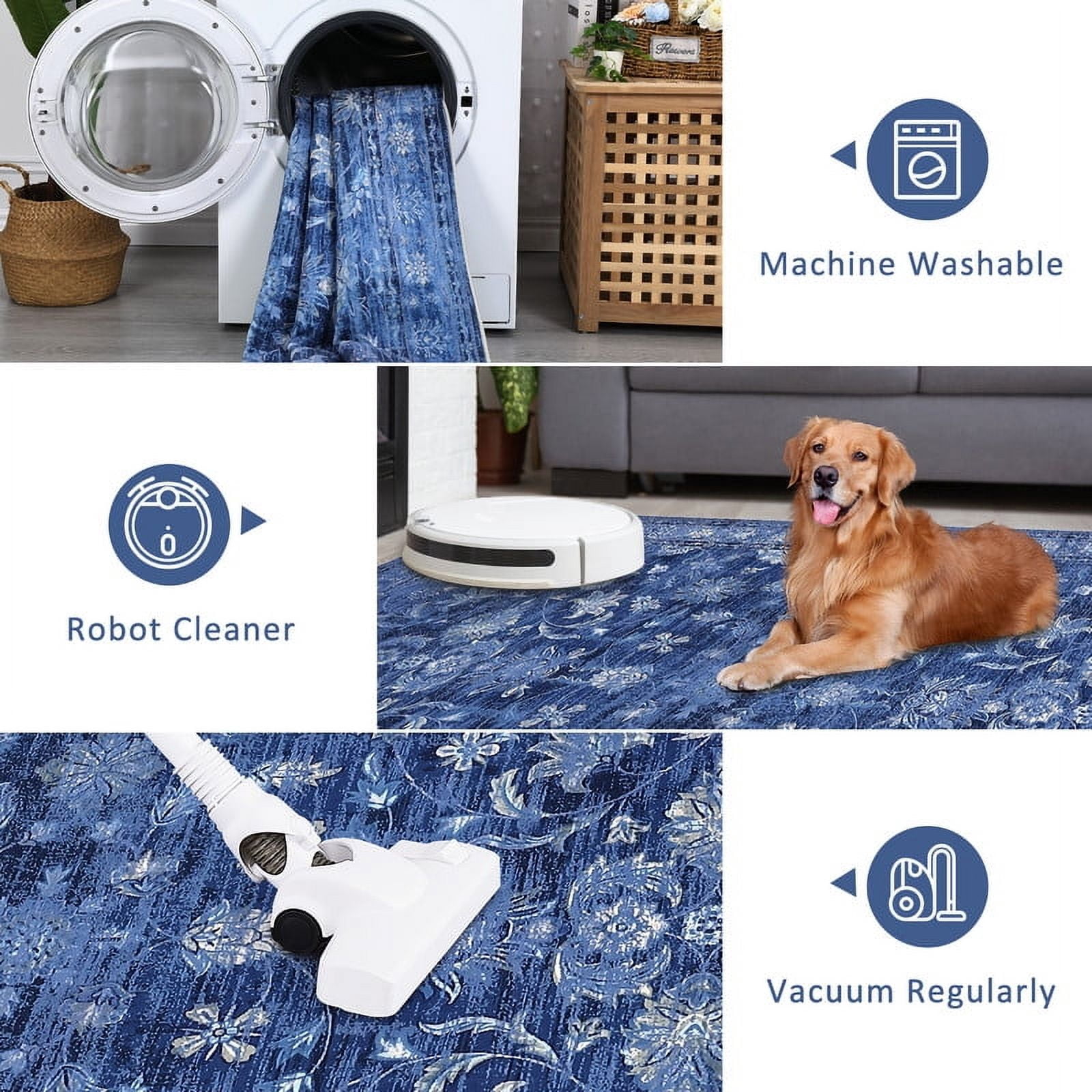 Area Rugs 10'x13' for Living Room Vintage Non Slip Washable Rugs for Dining Room Bedroom Indoor Rugs for Office Blue