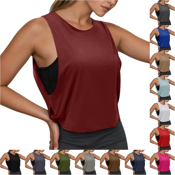 Gyujnb Women Loose Sleeveless Workout Tank Top, Breathable Moisture‑Wick Cropped Athletic Yoga Gym Cover‑Up Vest,Wine