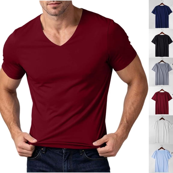 Fanshiluo Men's Deep V Neck Short Sleeve T-Shirt, Fitted Stretchy Daily Casual Shirt,Size:L,Big and Tall Men