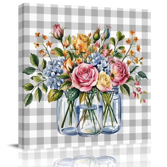 Framed Canvas Wall Art for Living Room Flower Vase Wall Decor, Leaves Plant Grey Plaid Aesthetic Paintings for Bedroom Office Kitchen Bathroom, Ready to Hang Artwork Wall Pictures 8x8 Inch