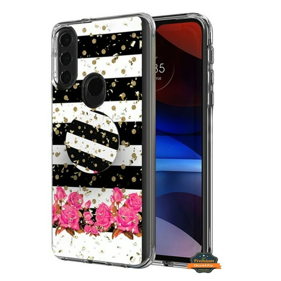 For Motorola Moto G Play 2023 Elegant Pattern Design Bling Glitter Hybrid with Ring Stand Pop Up Finger Holder Kickstand Phone Case Cover by Xpression - Black White