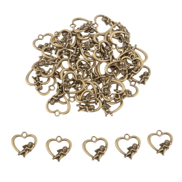 50 piezas de colgantes con forma de corazón para armar, con accesorios de joyería de aleación hechos a mano. Bronce antiguo