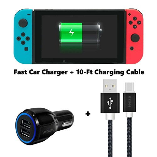 ienza Nintendo Switch Car Charger Kit Long 10FT USB Type C to A