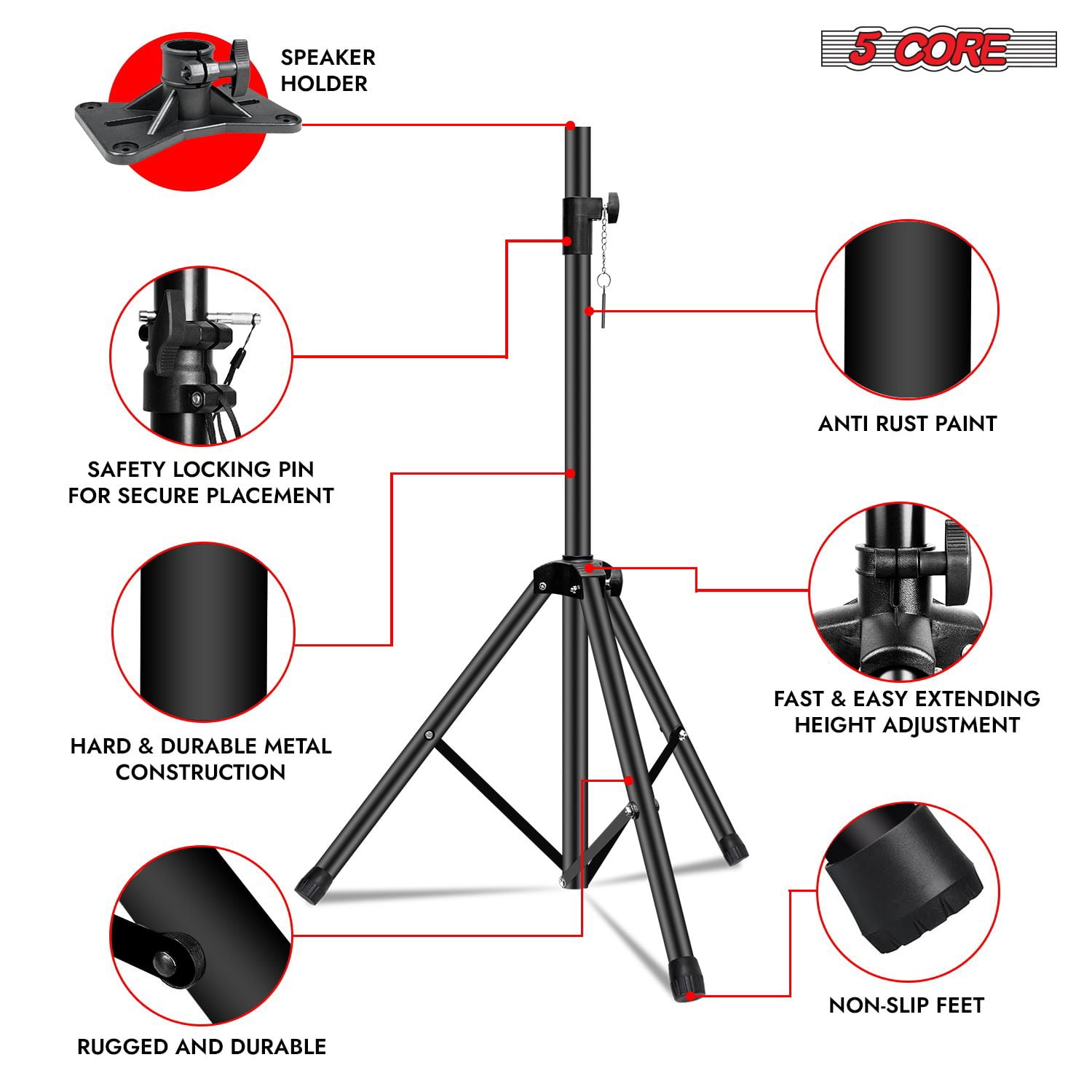 Speaker Stand Height Adjustable PA DJ Tripod Studio Monitor Stands w 35mm Compatible Insert - SS ECO 1PK BLK WoB
